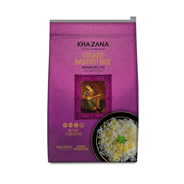 Khazana Authentic Smoked Basmati Rice - 2lb Resealable Bag | NON-GMO, Gluten-Free, Kosher & Cholesterol Free | Aromatic & Premium Flavorful Grain From India