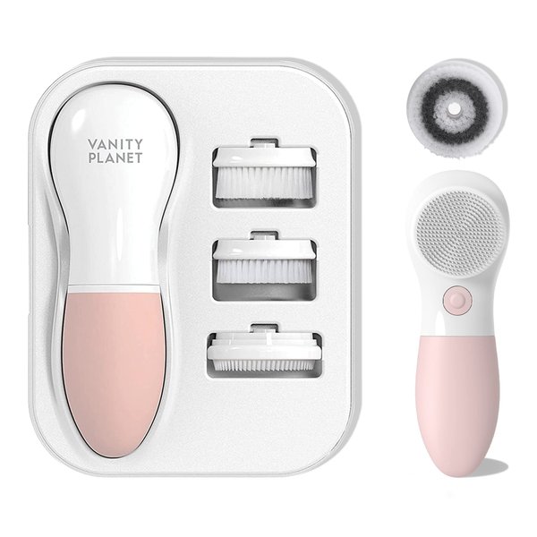 Raedia Daily Facial Cleansing Brush with 4 Interchangeable Brush Heads by Vanity Planet - Handheld, Lightweight for Glowing Skin - Water Resistant Face Exfoliator - Dusty Pink