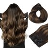 HOTBANANA Human Hair Clip in Hair Extensions, Balayage Dark Brown Mixed Chestnut Brown 120g Clip in Hair Extensions Real Human Hair Straight Remy Hair Clip Ins Dark Roots Ombre 14 Inch 7pcs