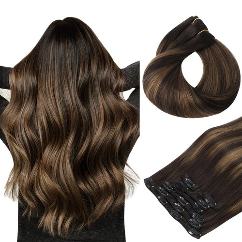 HOTBANANA Human Hair Clip in Hair Extensions, Balayage Dark Brown Mixed Chestnut Brown 120g Clip in Hair Extensions Real Human Hair Straight Remy Hair Clip Ins Dark Roots Ombre 14 Inch 7pcs