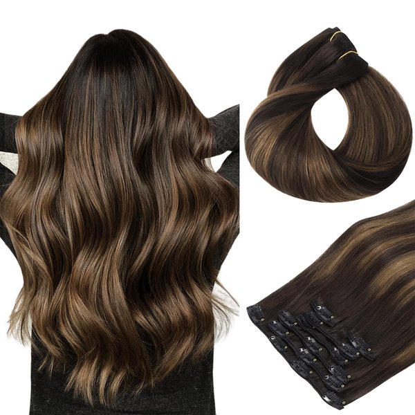 HOTBANANA Human Hair Clip in Hair Extensions, Balayage Dark Brown Mixed Chestnut Brown 120g Clip in Hair Extensions Real Human Hair Straight Remy Hair Clip Ins Dark Roots Ombre 14 Inch 7pcs