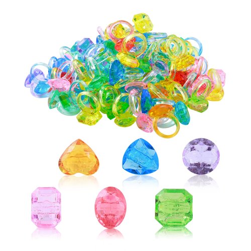 PASEMM 100Pcs Gem Rings Toys for Kids, Bulk Toys Diamond Ring Party Favors for Toddlers, Colorful Princess Ring Dress Up Accessories for Carnival Prizes,Goodie Bag Stuffers,Pinata Fillers,Birthday