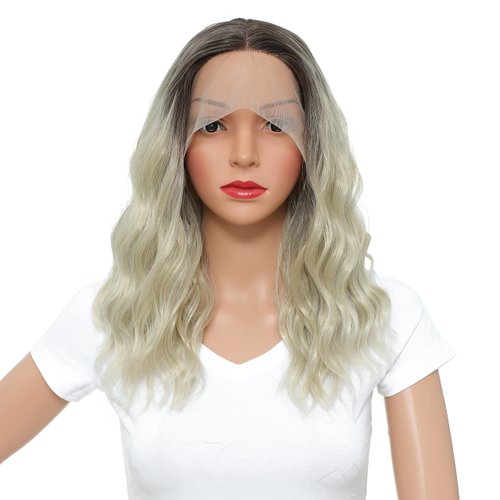 SWACC Shoulder Length Curly Wavy Colored Glueless Lace Front Wigs for Women Middle Part Natural Wave Heat Resistant Synthetic Hair Replacement Wig (Brown Root Blonde Ombre)