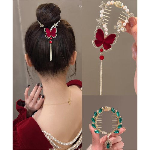 2PCS Butterfly Flower Ponytail Hair Accessories Hair Claws Clip Tassels French Style Hair Barrette Non Slip Jaw Banana for Women 041-2PCS#05