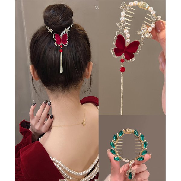 2PCS Butterfly Flower Ponytail Hair Accessories Hair Claws Clip Tassels French Style Hair Barrette Non Slip Jaw Banana for Women 041-2PCS#05