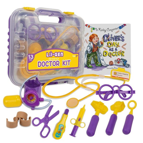 Li’l-Gen Doctor Kit for Kids, 13 Piece Doctor Kit with Kids Toy Stethoscope Plus Case - Pretend Play for Boys and Girls Age 3+ - Includes Oliver’s Day as a Doctor Book