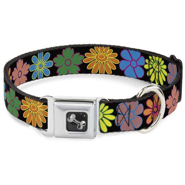 Buckle-Down Seatbelt Buckle Dog Collar - Flowers Black/Multi Color - 1" Wide - Fits 11-17" Neck - Medium