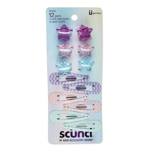 Scunci Mini Claw Clips and Snap Hair Clips, Assorted Pastels, 12-Count