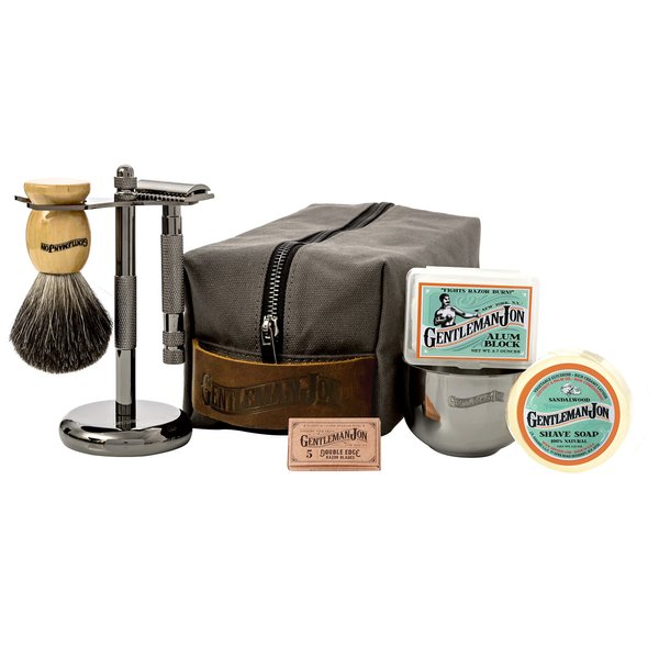 Gentleman Jon Deluxe Vintage Wet Shave Grooming Set for Men - Safety Razor, Brush, Alum Block, Soap, Bowl, Blades, Stand & Dopp Kit