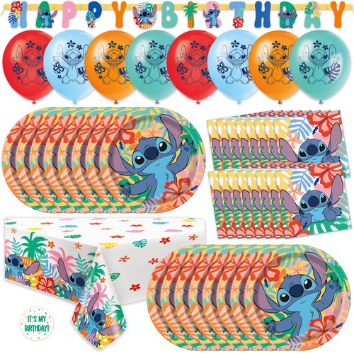Lilo and Stitch Birthday Party Decorations for 16 | Banner, Tablecloth, Balloons, Stitch Plates and Napkins, Sticker | Stitch Birthday Decorations | Officially Licensed