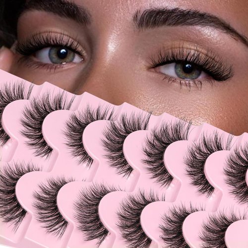 Veleasha Fluffy Lashes Natural Eyelashes Cat Eye Lashes 7 Pairs 8-15mm Clear Band False Eyelashes C Curl Wispy Faux Mink Lashes Soft 100% Handmade Fake Eyelashes (C01)