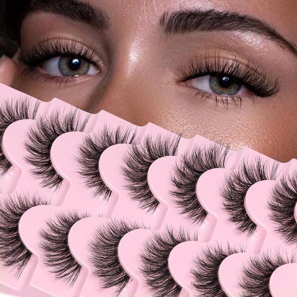 Veleasha Fluffy Lashes Natural Eyelashes Cat Eye Lashes 7 Pairs 8-15mm Clear Band False Eyelashes C Curl Wispy Faux Mink Lashes Soft 100% Handmade Fake Eyelashes (C01)
