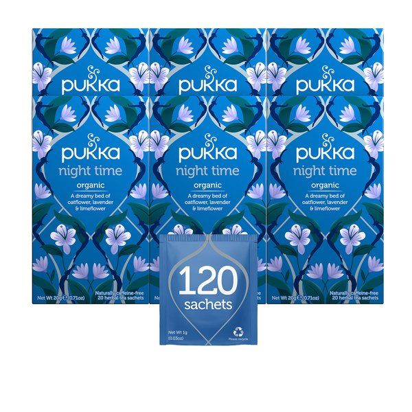 Pukka Organic Tea Bags, Night Time Herbal Tea with Chamomile, Lavendar & Valerian, Perfect for Easing into a Soothing Sleep, 20 Count (Pack of 6) 120 Tea Bags