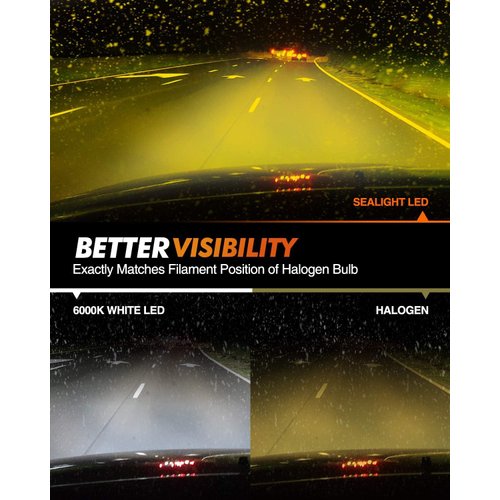 SEALIGHT H11 Yellow LED Fog Light Bulb or DRL, 400% Much Brighter Amber Fog Lights LED 6000 Lumens 3000K Amber Yellow Light, 12 CSP LED Chips, Plug-and-Play, IP67 Design