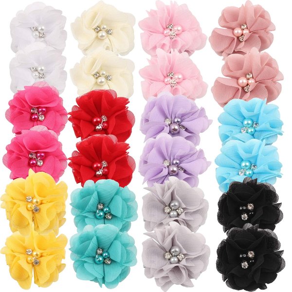 inSowni 2" Alligator Hair Clips Barrettes Chiffon Flower Bow with Rhinestone Pearl for Baby Girl Toddlers