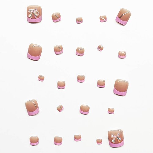 Pink French Tip Press on Toenails for Women, Bow Fake Toe Nails Short Square Glue on Toenails 3D Bows Acrylic Toenails Cute Full Cover Stick on Toenails Pink Toe Nail Tips Summer False Toenails