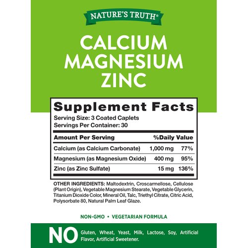 Calcium Magnesium Zinc Supplement | 90 Caplets | Non-GMO and Gluten Free | by Nature's Truth