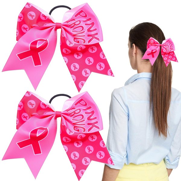 Hair Scrunchies Pink Ribbon Hair Accessories Cheer Hair Bows Hair Tie Breast Cancer Awareness Cheer Hair Bow Ties with Elastic Non Slip Ponytail Holder Hair Accessories for Party Supplies 2PCS