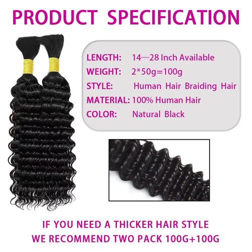 Human Braiding Hair 100g 18 Inch Deep Wave Bulk Human Hair for Braiding No Weft Bundle 12A Brazilian Virgin Curly Human Hair Extensions for Boho Braids Wet and Wavy Human Hair Braiding Hair