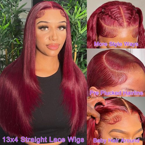 Valkous 28 Inch 99j Burgundy Lace Front Wigs Human Hair Straight Wigs for Women Glueless 13x4 Lace Front Wigs Human Hair Colored 180% Density Red Straight Lace Front Wigs Human Hair Pre Plucked Wigs