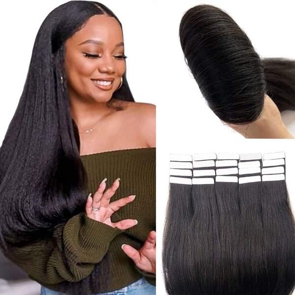 Yaki Tape in Hair Extensions Human Hair,Natural Black Hair Extensions Real Human Hair Yaki Straight Tape ins for Black Women,Invisible 20 Pcs Tape in Hair Extensions 14Inch 50G Double Sided Tape Hair