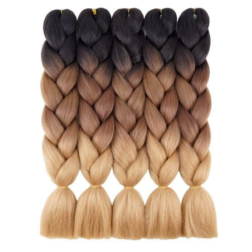 AIDUSA Ombre Brown Braiding Hair 5pcs Synthetic Brown Ombre Braiding Hair 24 Inch 3 Tone Blonde Braiding Hair Crochet Braiding Hair Extensions 100g (#53 Black to Brown to Blonde)