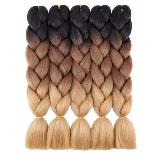 AIDUSA Ombre Brown Braiding Hair 5pcs Synthetic Brown Ombre Braiding Hair 24 Inch 3 Tone Blonde Braiding Hair Crochet Braiding Hair Extensions 100g (#53 Black to Brown to Blonde)