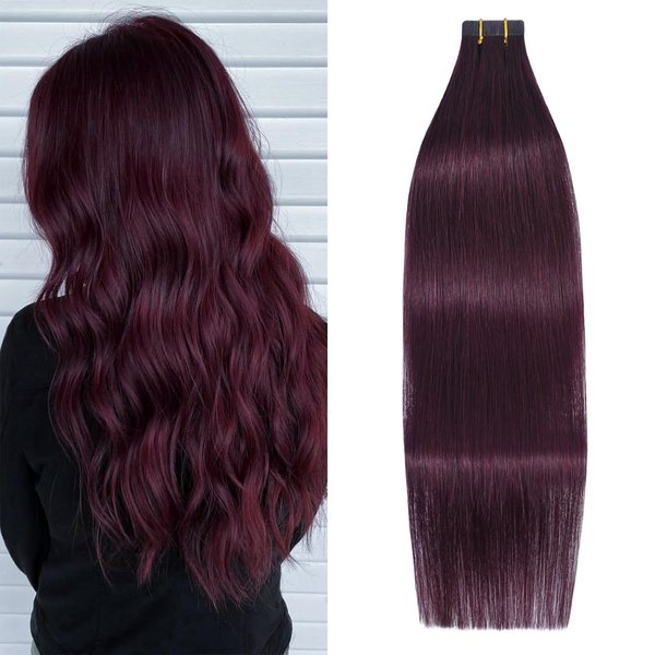 WindTouch Tape in Hair Extensions Wine Red Remy Hair Extensions Silky-Smooth Straight Burgundy 20 Pcs 16Inch #99j 30g Invisible Tape in Hair Extensions Human Hair