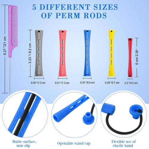 60 Pieces Hair Perm Rods Set Plastic Perming Rods Cold Wave Rods 5 Sizes Hair Curling Rollers with Rat Tail Hair Comb Stainless Steel Pintail Comb for Women Girls Hairdressing Styling