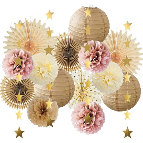 Pink Champagne Party Decorations Dusty Rose Champagne Gold Beige Boho Party Decorations Neutral Cream Pom Poms Paper Lanterns for Rustic Pink and Brown Birthday Baby Shower Wedding Engagement