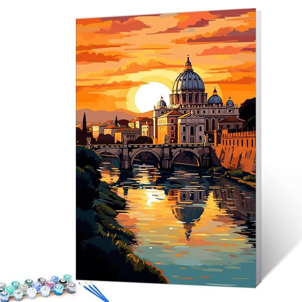 St. Peter's Cathedral DIY Paint by Numbers for Adults Tiber river in Rome DIY Digital Oil Painting Acrylic Paint Italy Cityscape Painting Kits Canvas Wall Art Bedroom Decor 20x16 Inch （DIY Frame ）
