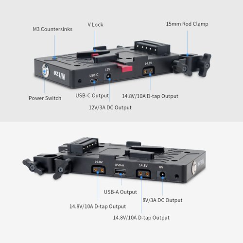 Nitze V Mount Battery Plate with 15mm Rod Clamp, USB-A/USB-C/D-Tap/DC Output Ports and Power Switch Power Supply Splitter - N21-E