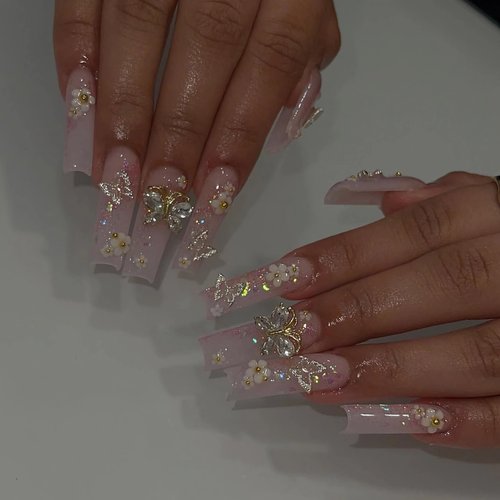 BABALAL Square Press on Nails Long Fake Nails Pink Glue on Nails 3D Butterfly Flower Charm Acrylic Nails 24Pcs Squoval Glitter Manicure Artificial False Nails for Women and Girls