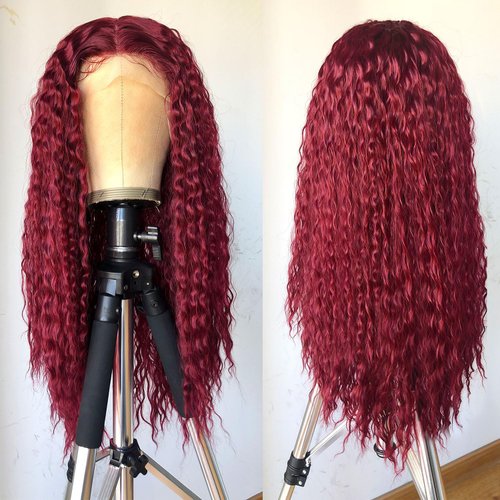 RunM Curly Lace Front Wigs for Black Women, HD Glueless 13X4X1 Long Curly Lace Front Wig with Baby Hair Synthetic Lace Front Wigs 26 Inch(Burgundy)