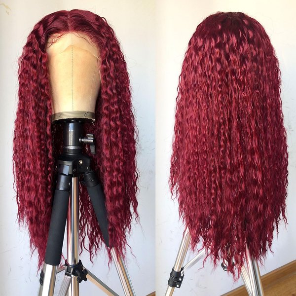 RunM Curly Lace Front Wigs for Black Women, HD Glueless 13X4X1 Long Curly Lace Front Wig with Baby Hair Synthetic Lace Front Wigs 26 Inch(Burgundy)