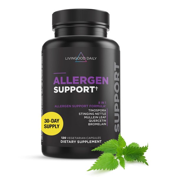 Livingood Daily Allergen Support, 120 Vegetarian Capsules - Supports Natural Allergy Relief with Vitamin C, Quercetin, Nettle Leaf, Zinc, & Tinospora - Non-GMO & Vegan Natural Antihistamine Supplement