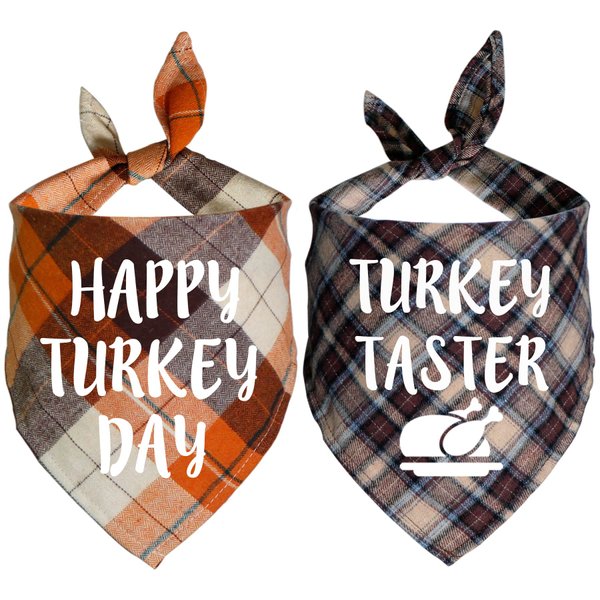 STMK Thanksgiving Day Dog Bandanas, 2 Pack Holiday Fall Plaid Dog Bandanas Scarf for Holiday Fall Halloween Thanksgiving Day Dog Puppy Costume (Turkey Taster & Happy Turkey Day)