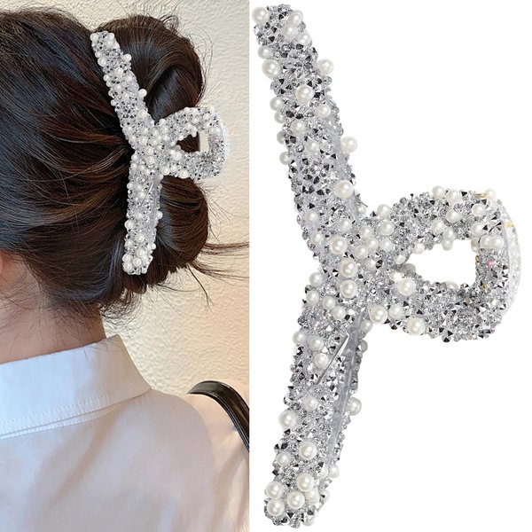 Rhinestone Bow Hair Claw Clips Pearl Diamond Hair Bows Clip for Women Elegant White Bow-knot Hair Clips for Thick Thin Hair, Nonslip Girls Bows Hair Accessories 1Pcs (6-White -Shark)