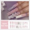 MISUD Press on Nails Long Square Fake Nails Glossy Glue on Nails White French Tip Acrylic Nails Squoval Ombre Artificial Nails Snake Rhinestone Stick on False Nails with Design 24 pcs