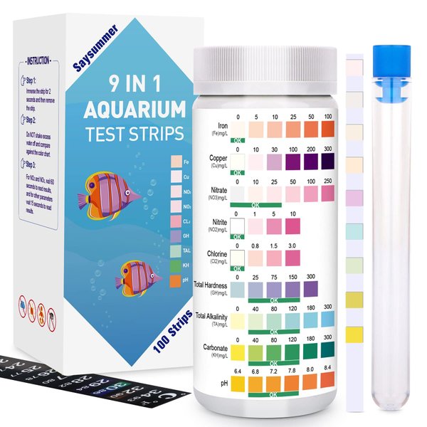 9 in 1 Aquarium Test Strips, 100 Strips Aquarium Test Kits for Freshwater Saltwater, Aquarium Water Test Kit, Pond Fish Tank Test Strips Testing Iron, Copper, Nitrite, Nitrate, pH, Carbonate and More