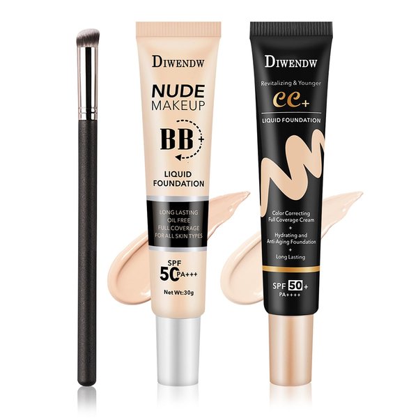 2PCS Full Coverage Concealer Foundation Set,Moisturizing BB Cream,Long Lasting Hydrating Lightweight CC Cream with Makeup Brush,Oil Control Face Moisturizer SPF 50 PA++++ Sunscreen（2 Colors）