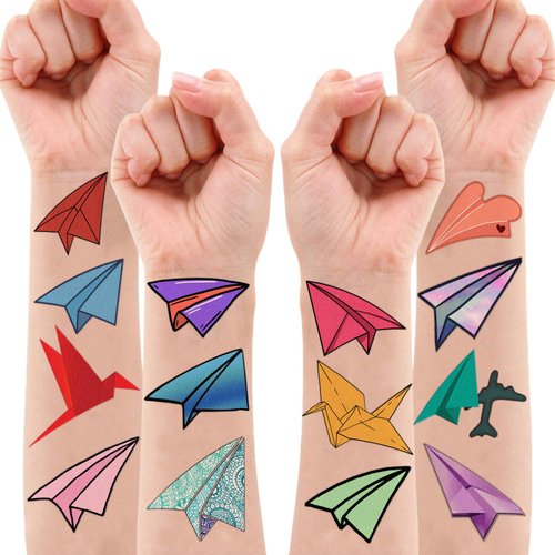 Paper Plane Temporary Tattoos Travel Airplane Party Decorations Favors Supplies Rocket Themed Cute Stickers 10 Sheets 100 PCS Gifts for Baby Girls Boys Class School Carnival