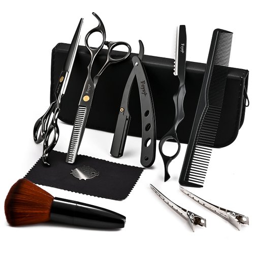 Hair Cutting Scissors Thinning Shears Kit for Haircutting, Fcysy Professional Barber Scissors Hair Scissors Set, Black Haircut Scissor Blending Shears Straight Edge Razor Barber Supplies for Men Women