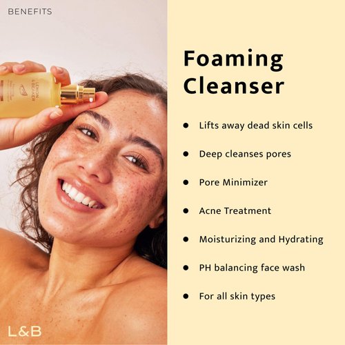 Foaming Lemon Cleanser - 3.5 fl oz Hydrating, Pore Minimizer, Acne-Control, Gentle Face Wash with Lemon Peel Oil & Ceramides, Suitable for All Skin Types, Combination & Oily - Vegan Formula