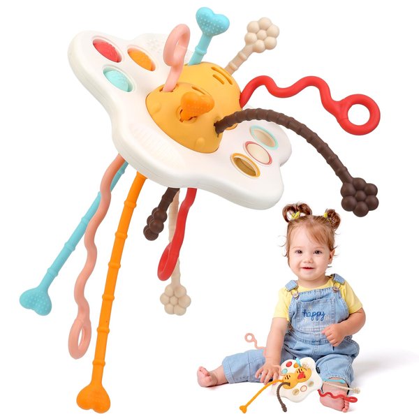 Baby Sensory Montessori Silicone Toy for 6-12 Months-Travel Pull String Toy for 12-18 Months-Developing Fine Motor Skill-Multi-Sensory Activity Toy for 1 Year Old