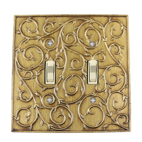 Meriville French Scroll 2 Toggle Wallplate, Double Switch Electrical Cover Plate, Antique Gold