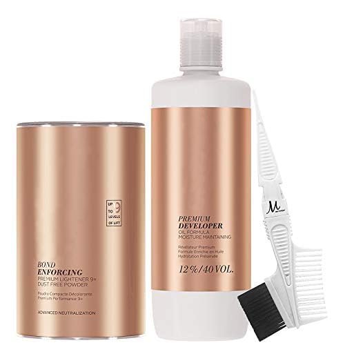 BlondeMe Bleach Powder and Developer | Lightener 9+ Premium Bleach 450 grams, Developer 12% / 40Vol 1 Liter and M Hair Designs Tint Brush Comb (Bundle)