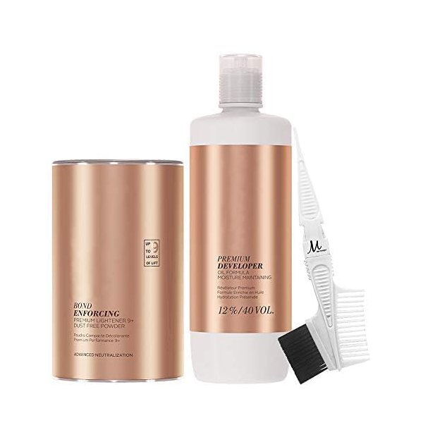 BlondeMe Bleach Powder and Developer | Lightener 9+ Premium Bleach 450 grams, Developer 12% / 40Vol 1 Liter and M Hair Designs Tint Brush Comb (Bundle)