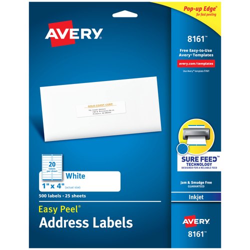 Avery Easy Peel Printable Address Labels with Sure Feed, 1" x 4", White, 500 Blank Mailing Labels (08161)