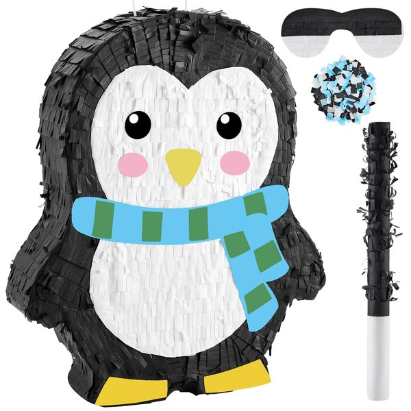 Lewtemi 15.1 Inch Penguin Piñata Penguin Party Supplies Candy Animal Piñata with Stick Confetti and Blindfold Gift for Christmas Boy Girl Baby Shower Adults Birthday Party Game Decorations(Classic)